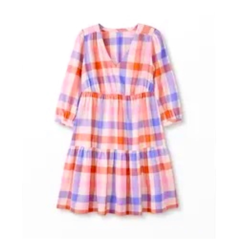 Hanna Andersson Picnic Plaid Dress 3/4 sleeves Pink Blue Orange White flannel S